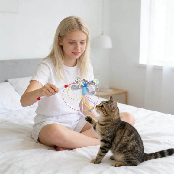 Cat Wand Toy, Interactive Butterfly Cat Wand with Feather Tassels and Bell, Colorful Beads and Elastic Loop for Gentle Play, Ideal For Chasing, Stimulating and Bonding