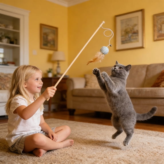 Cat Wand Toy - Interactive Cat Teaser Wands, with Cute Paper Balls Designs, Equipped with Bells and Feather, Captivate Cat’s Attention, Light Blue
