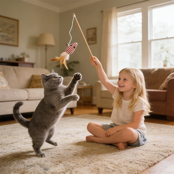 Cat Wand Toy - Interactive Cat Teaser Wands, with Cute Paper Balls Designs, Equipped with Bells and Feather, Captivate Cat’s Attention, Red