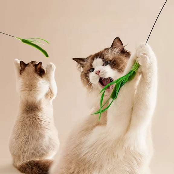 Cat Wand Toy Interactive Dog Tail Grass Teaser for Indoor Cats Long Steel Wire Rod Durable Exerciser for Kitten Playing Chasing Mentally Stimulating 2PCS