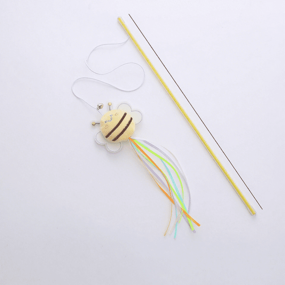 Cat Wand Toy, Plush Bee Interactive Kitten Play Wand with Colorful Tassels and Bell Durable Pet Exerciser Wand for Indoor Cats Boredom Relief Activity Stick, Yellow