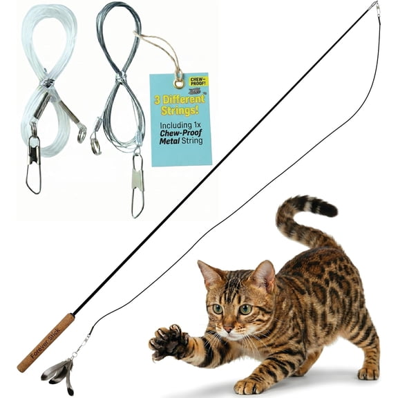 Cat Wand Toy with Chew-Proof Stainless Steel Wire Nylon Fishing Line and Paracord Strings