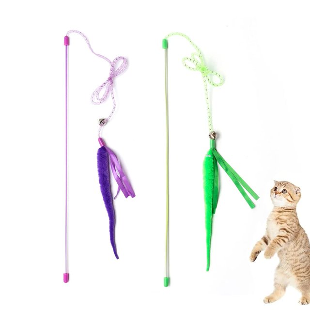 Cat Wand Toys 2 PCS Interactive Worm Cat Toys with Bell Cat Teaser Wands for Indoor Cats