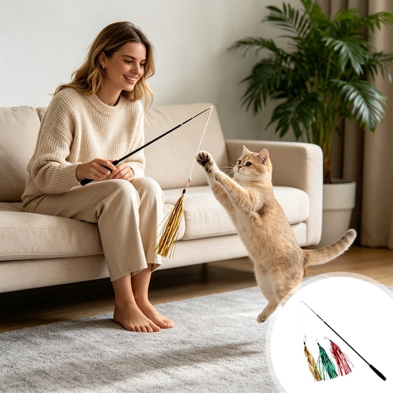 Cat Wand Toys with Feather Attachments, Indoor Cat Toy with Retractable Teaser Wand, Feather Cat Toy for Exercise, Chase & Play, Fun Kitten Toys for Bored Cats (C)
