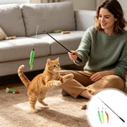 Cat Wand Toys with Feather Attachments, Indoor Cat Toy with Retractable Teaser Wand, Feather Cat Toy for Exercise, Chase & Play, Fun Kitten Toys for Bored Cats D