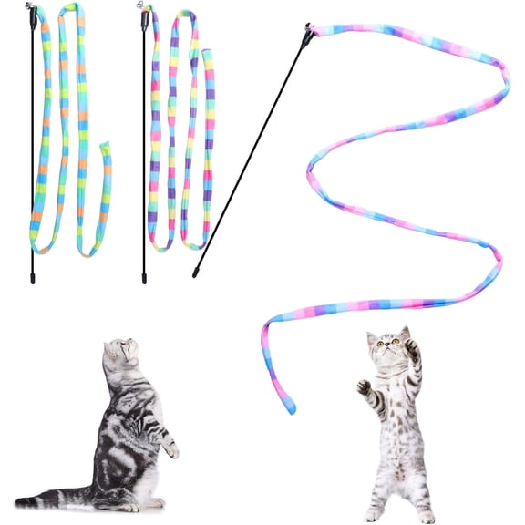 Cat Wand Toys Interactive Kitten Toys Cat Teaser Wand String Feather for Indoor Colorful Ribbon Wands Stick Toy Cat Charmer-3 Packs