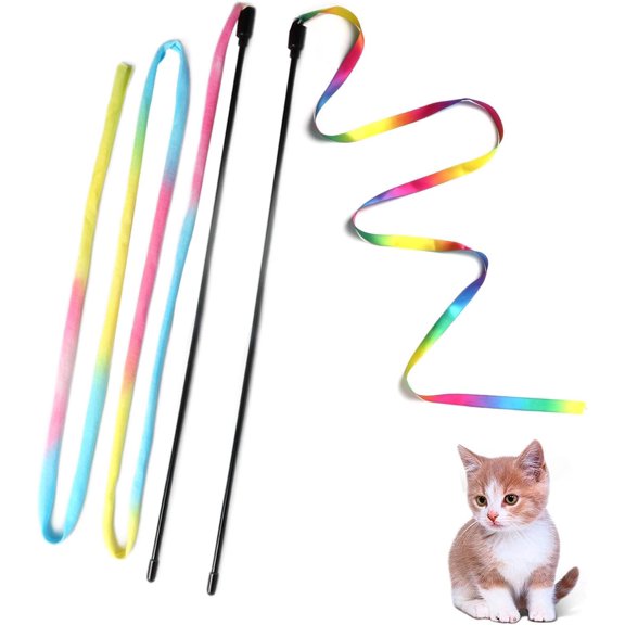 Cat Wand Toys Interactive Kitten Toys for Indoor Cats Colorful Teaser Wand String for Exercise Kitten Stick Kitty Rope Toy Rainbow Ribbon Cat Charmer -2Pcs
