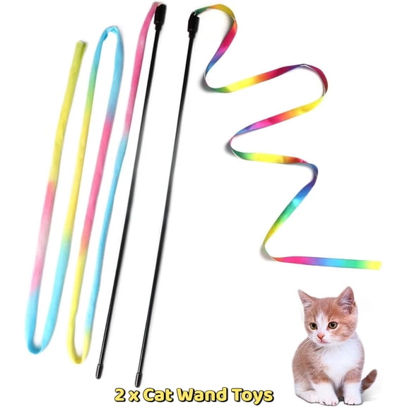 Cat Wand Toys, Interactive Kitten Toys for Indoor Cats, Colorful Teaser Wand String for Exercise Kitten Stick Kitty Rope Toy, Rainbow Ribbon Cat Charmer - 2Pcs