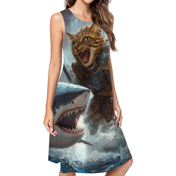 Cat Warrior Vs Shark Casual Sleeveless Loose Sundress Dress For Women Summer Dress Daily Woman