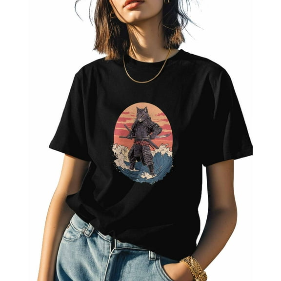 Cat Warrior Womens Tshirt Graphic Tees Cotton Crew Neck T-Shirts, Casual Short Sleeve Shirts for Women Teen Girl