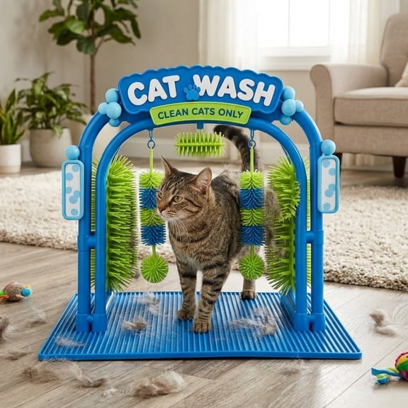 Cat Wash Grooming Station, Self-Grooming Arch Scratcher, Pet Bathing Table Self-Service Cats Comb Brush for Shedding, Hair Catcher Grooming Tool with Sturdy Base, Easy to Use for Most Cats