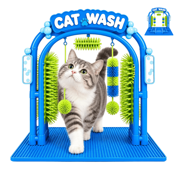 Cat Wash Self Grooming Arch Toy for Indoor Cats, Cat Self Brushing Massage Arch with Soft Brushes & Hanging Catnip Ball, Funny Cat Groomer Toy for Kittens Adult Cats