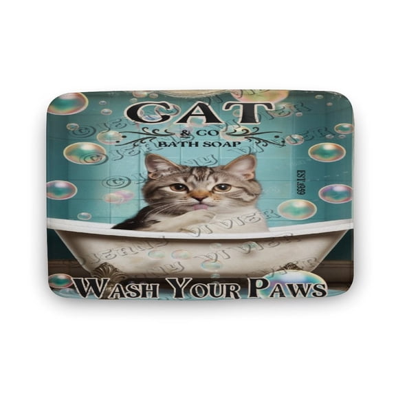 Cat Wash Your Paws Bath Mat,Cute Cartoon Cat Bathroom Rugs with Non Slip Backing ,Washable Cover Floor Rug Carpets Floor Mat 16"x24"