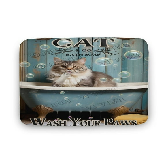 Cat Wash Your Paws Bath Mat Cute Shower Rug, High Absorbent and Anti Slip, Machine Washable Fit for Bathtub, Shower and Bath Room 16"x24"