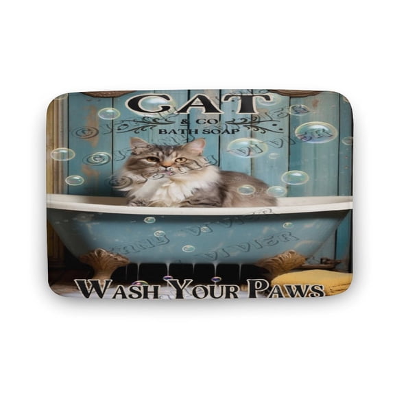 Cat Wash Your Paws Bath Mat Cute Shower Rug, High Absorbent and Anti Slip, Machine Washable Fit for Bathtub, Shower and Bath Room 20"x32"