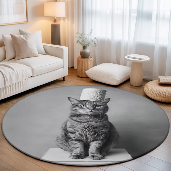 Cat Washable Round Area Rug 3.3 ft, Toilet Paper Funny Animal Soft Non Slip Rugs Stain Repellent Indoor Felt Carpet for Living Dining Room Bedroom Home Office