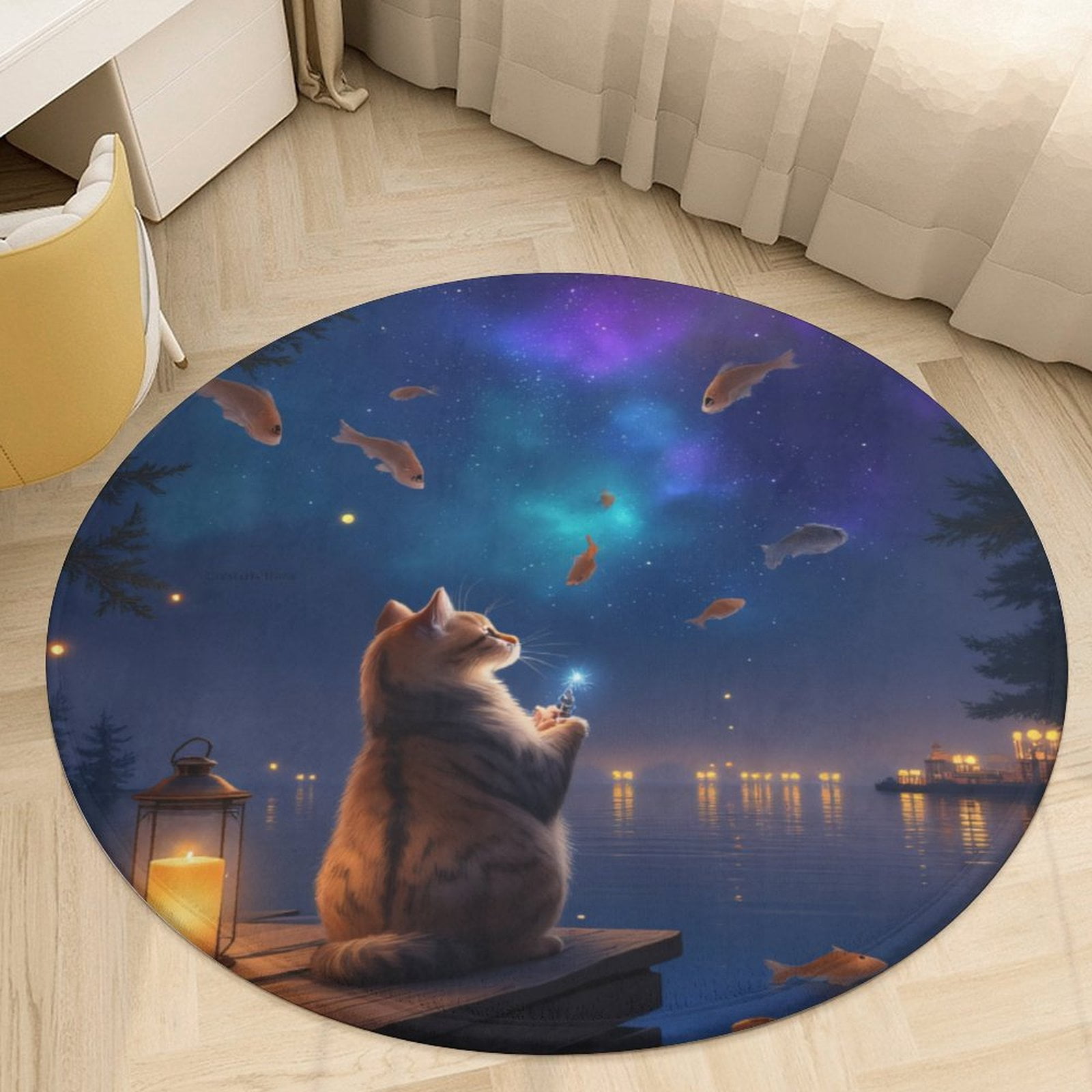Catfish Rugs Cat Watching Fish Under Stars Round Area Rugs for Bedroom Living Room ...