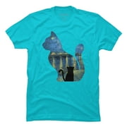 Cat Watching The Starry Night Over The Rhone - Van Gogh Painting Mens Ocean Blue Graphic Tee - Design By Humans  2XL