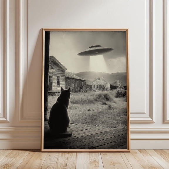 Cat Watching UFO Vintage Western Black and White Sci-Fi Wall Art, Unframed Paper Poster 8x10in