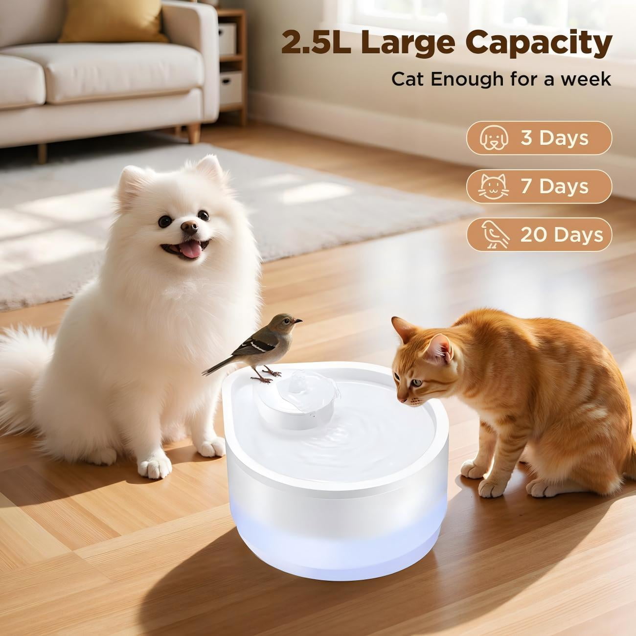 Cat Water Fountain, 2.5L Quiet and Easy to Clean, Drop Design with LED Light, Water Fountain for Indoor Cats & Dogs, Small Pets, with 3 Pack Filters, White