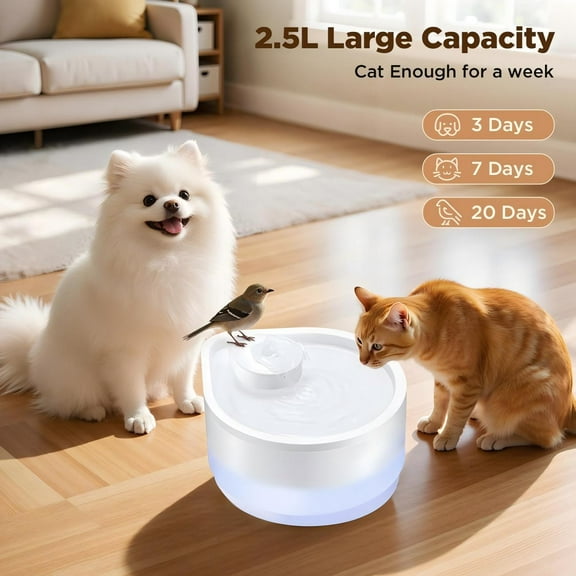 Cat Water Fountain, 2.5L Quiet and Easy to Clean, Drop Design with LED Light, Water Fountain for Indoor Cats & Dogs, Small Pets, with 3 Pack Filters, White