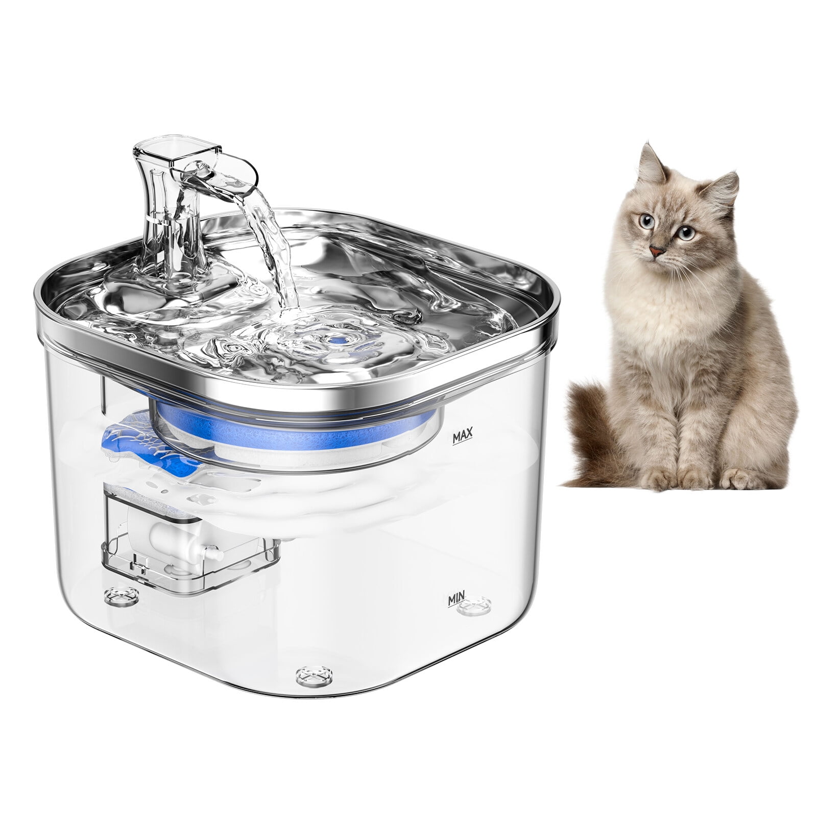 Cat Water Fountain 2L/67oz Semi Stainless Steel Pet Drinking Fountain Automatic Water Dispenser with Silent Water Pump for Cat Dog Other Pet 5V