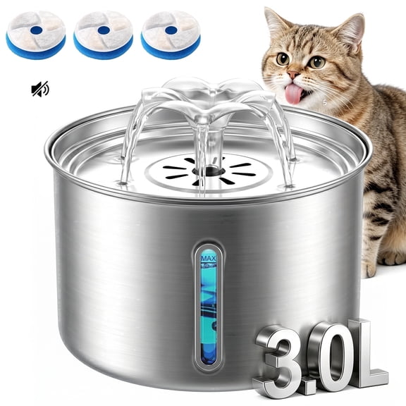 Cat Water Fountain, 101oz/3L Stainless Steel, Silent Automatic Pet Dispenser with 3 Filters & Transparent Window