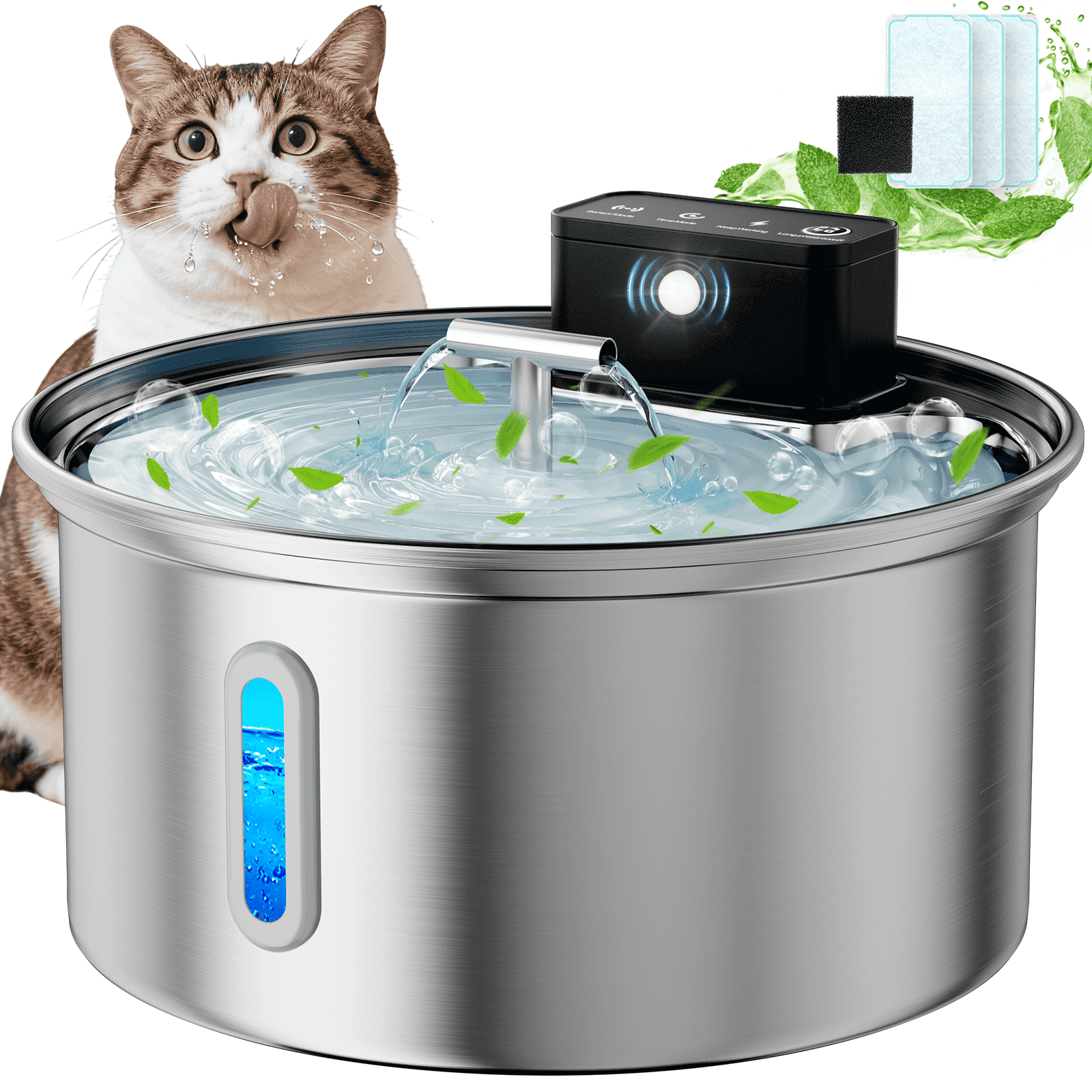 Cat Water Fountain Stainless Steel, 109oz/3.2L Wireless Pet Fountain,  Battery Operated Cat Fountain, Automatic Water Dispenser with 3 Filters for  Cats ...