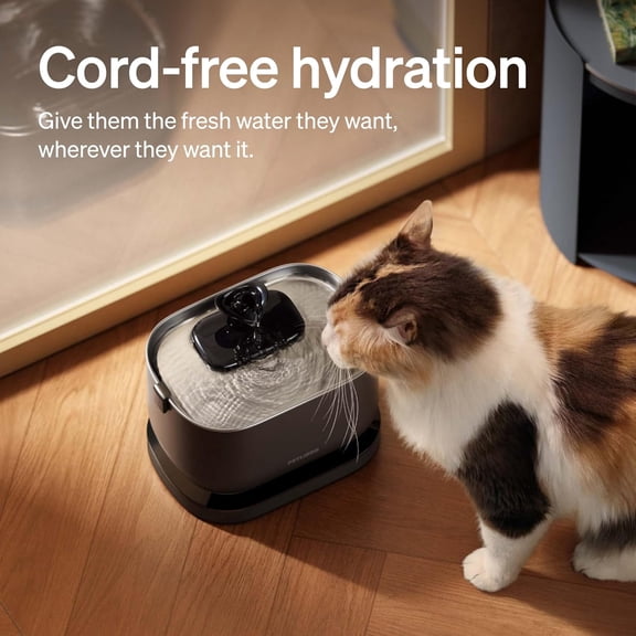 Cat Water Fountain, Cordless Pet Water Fountain Battery Operated, 2.5L/84oz Dockstream Water Fountains for Cats Indoor, Cat Fountain with Stainless Steel Tray, Easy to Clean BPA-Free