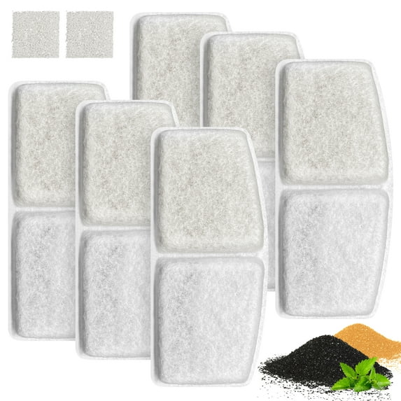 Cat Water Fountain Filters, 6 Pack Replacement Filters & 2 Pack Replacement Pre-Filter Sponges Set for 89oz/2.6L Automatic Pet Fountain Cat Water Fountain with Ion-exchange Resin & Activated Carbon