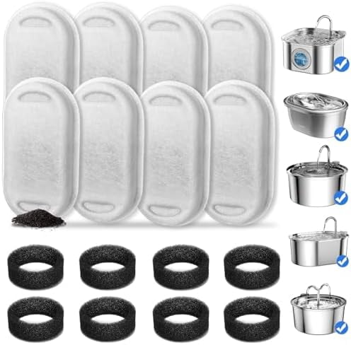 Cat Water Fountain Filters, 8 Pack Cat Fountain Filter Replacement with 8 Sponges for 3.2L/108oz Pet Water Fountain Stainless Steel