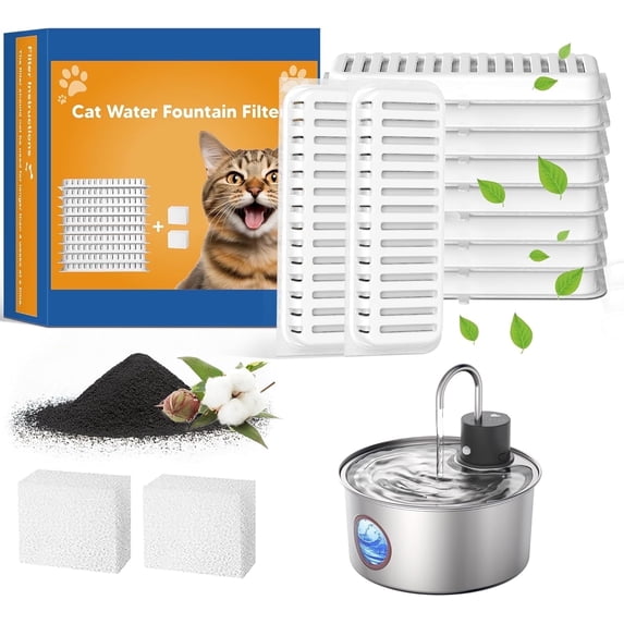 Cat Water Fountain Filters, Replacement Filters for 108oz/3.2L Cat Fountain,10 Packs Filters & 2 Sponges Set for Stainless Steel Pet Water Fountain