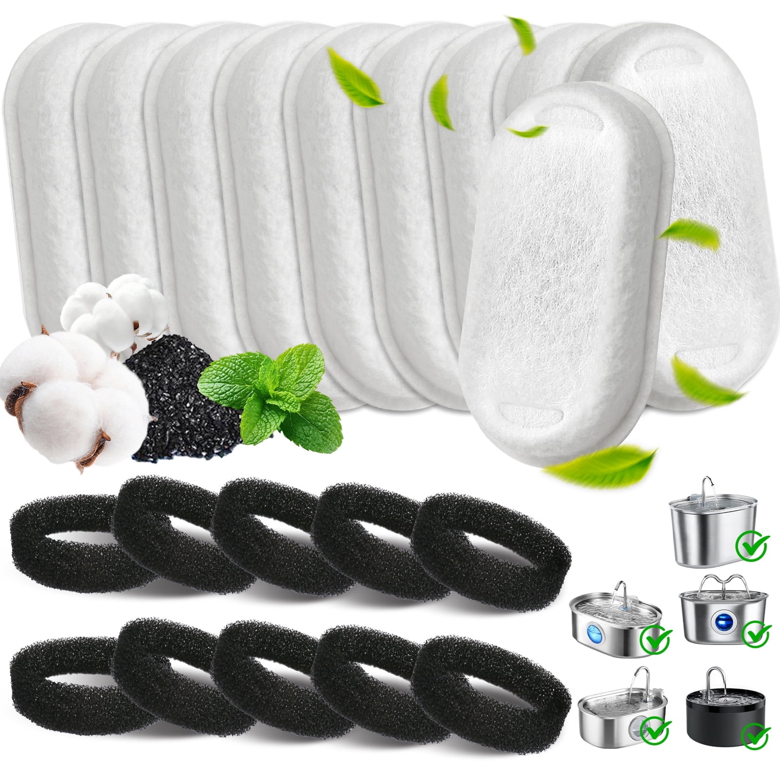 Debonair 20 Pack Cat Water Fountain Filter, Cat Fountain Replacement Filters for Stainless Steel 67oz, 95oz, 135oz Automatic Pet Fountain Dispenser(10 Filters& 10 Sponges)