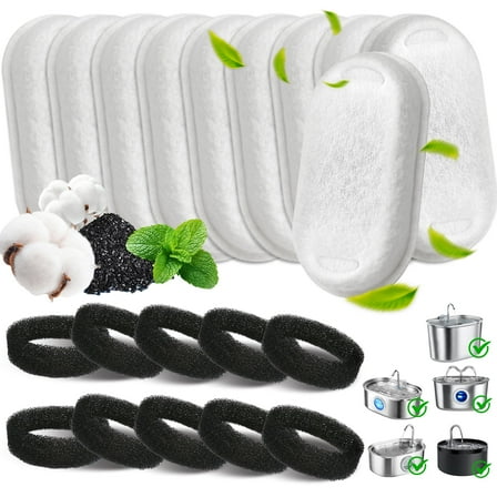 Debonair 20 Pack Cat Water Fountain Filter, Cat Fountain Replacement Filters for Stainless Steel 67oz, 95oz, 135oz Automatic Pet Fountain Dispenser(10 Filters& 10 Sponges)