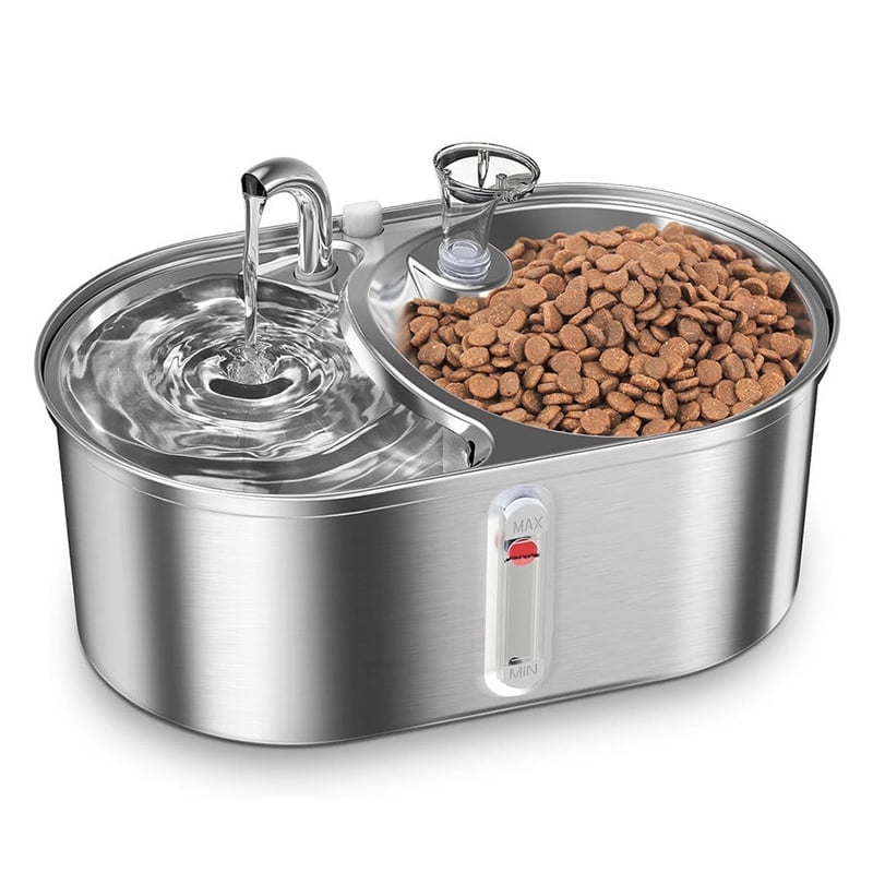 Cat Water Fountain Food Bowl Stainless Steel 2 in 1, 101oz/3L Automatic Pet Water Fountain, Dog Water Dispenser with Smart Pump 2 Filters for Cats, Dogs, Multiple Pets