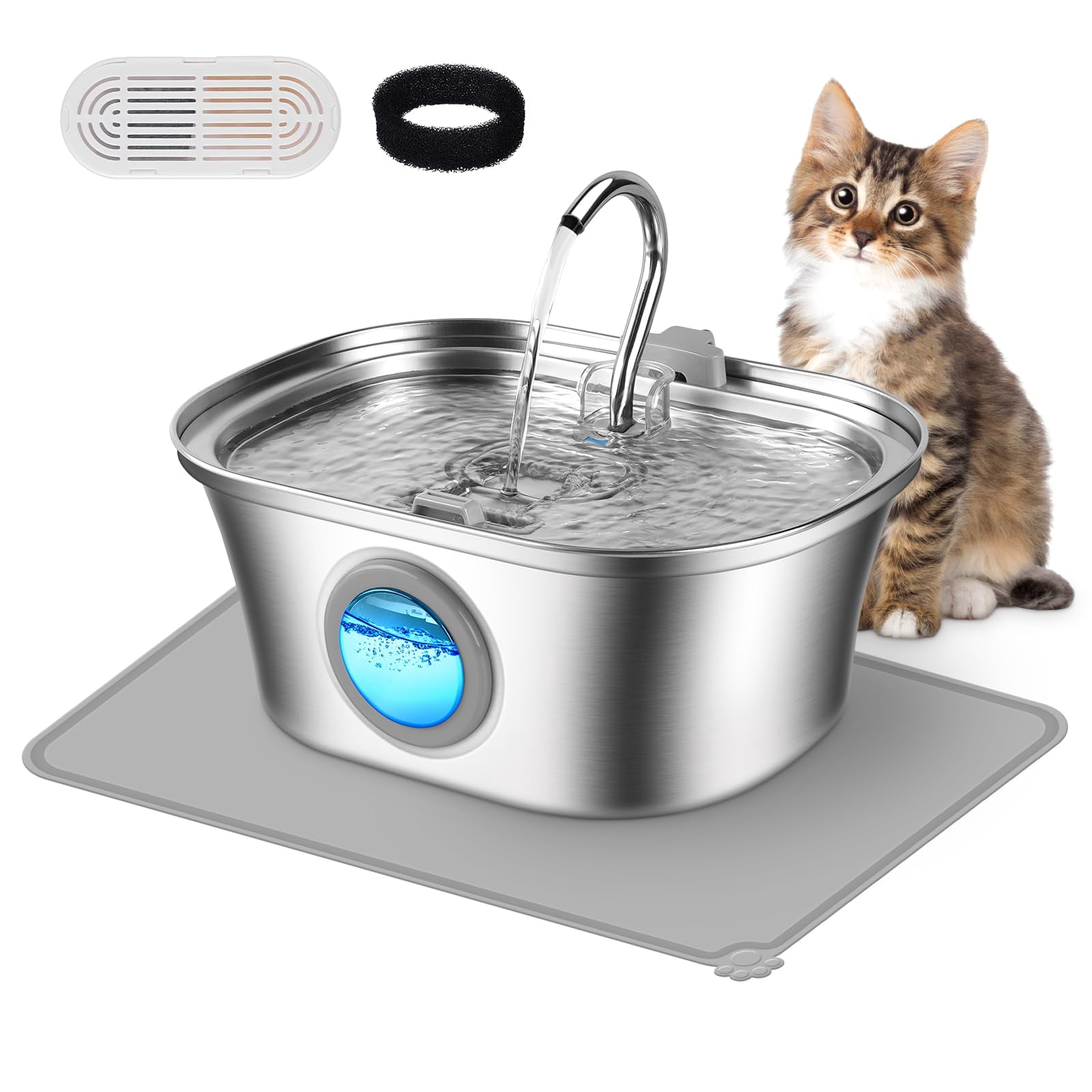 Cat Water Fountain with Water Level Window, One Set of Filter, 108oz/3