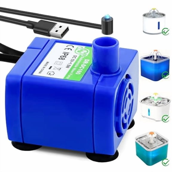 Cat Water Fountain Pump,Pet Water Fountain Pump Replacement Compatible Motor,DR-DC 160 Submersible Water Pump with LED Light for Round,Cubic,Flower Cap Cat Fountain