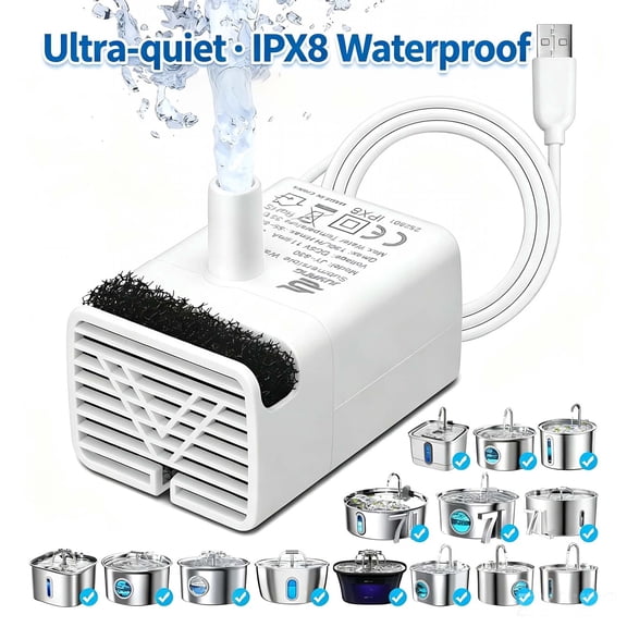 Cat Water Fountain Pump, Ultra Quiet Pet Water Fountain Pump Replacement Pump, IPX8 Waterproof Pet Drinking Fountain and Cat Dog Water Dispenser Replacement Pump