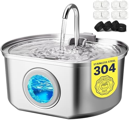 Cat Water Fountain Stainless Steel: 108oz/3.2L Cat Fountain for Drinking - Pet Water Fountain Inside - Automatic Dog Watering Dispenser Bowl - Pet Feeding & Watering Supplies - Water Level Window