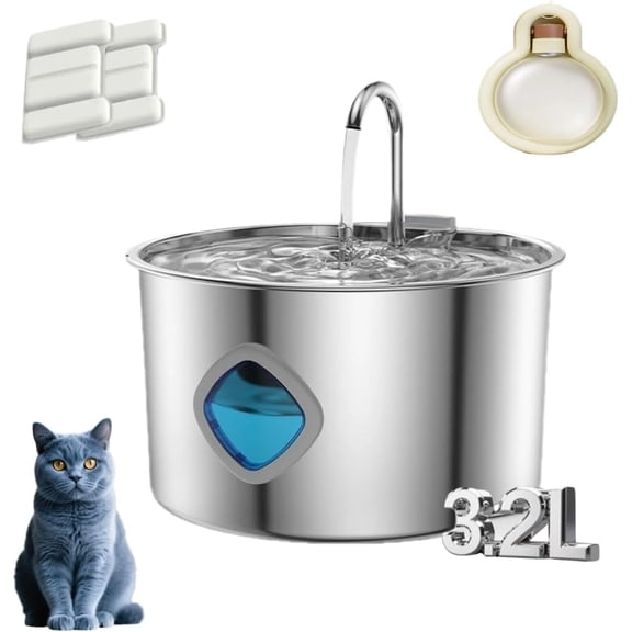 Cat Water Fountain Stainless Steel: 108oz/3.2L Water Fountains for Cats Indoor, Cat Water Fountain, Ultra Quiet, Water Level Window Built