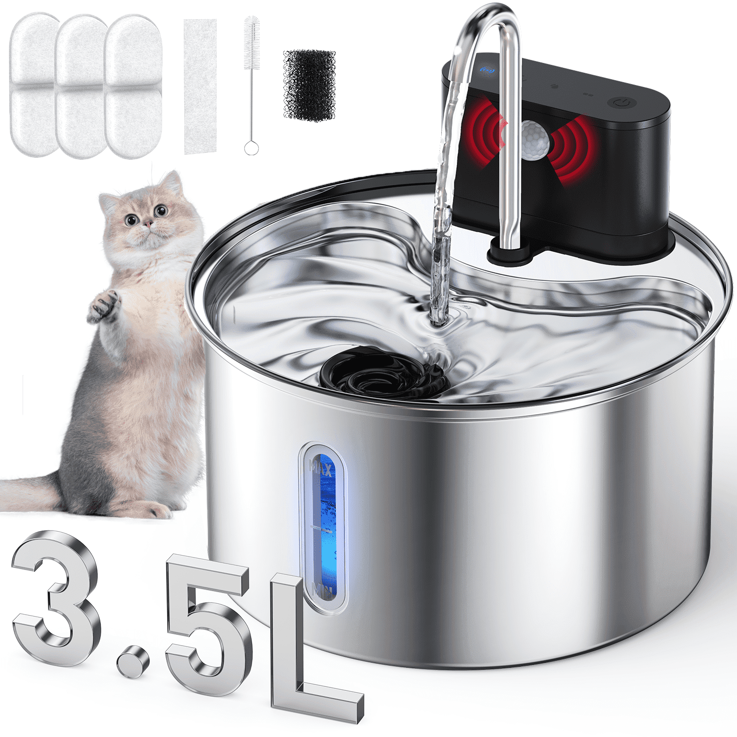 Dlopede Cat Water Fountain Motion Sensor Water Dispense for Cats and  Dogs,Stainless Steel Battery Operated Pet Water Fountain,3.5L/118oz