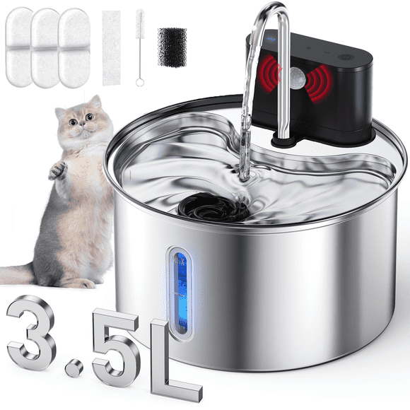 Dlopede Cat Water Fountain Motion Sensor Water Dispense for Cats and Dogs,Stainless Steel Battery Operated Pet Water Fountain,3.5L/118oz