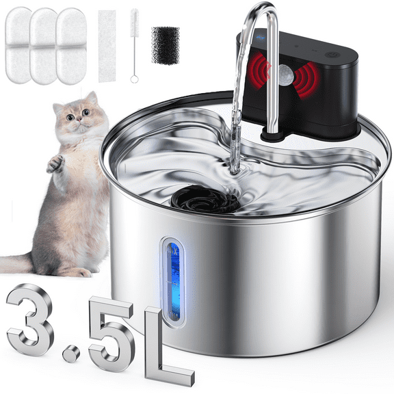 3.5L/118oz Cat Water Fountain Stainless Steel, Wireless Cat Water Fountain with 3 Modes, Battery Operated, Automatic Pet Water Dispenser for Dogs