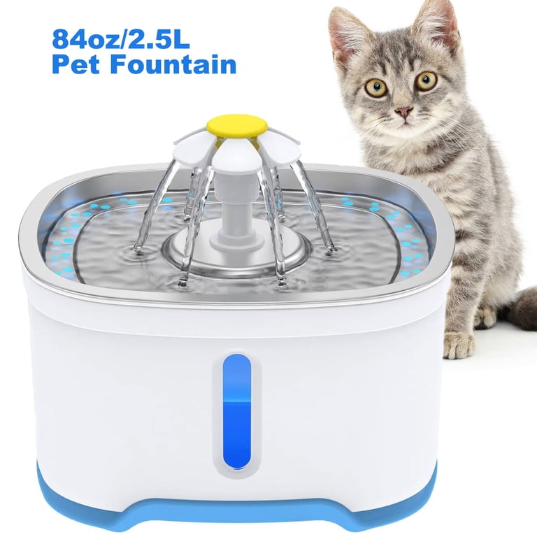 Cat Water Fountain Stainless Steel, 84oz/2.5L Automatic Pet Water Fountain  with Water Level Window and LED Light for Water Shortage Alert