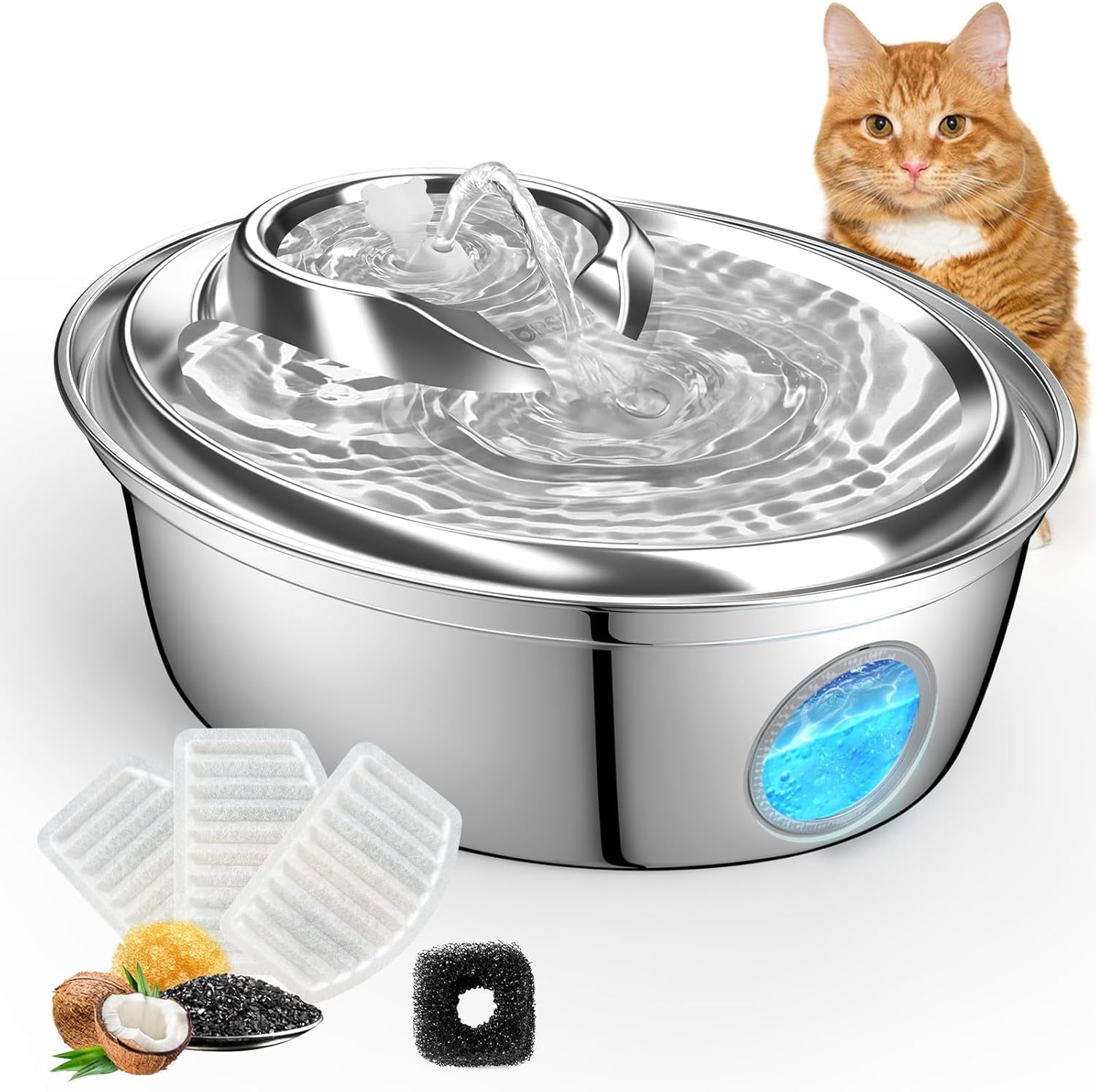 Cat Water Fountain Stainless Steel, Automatic Pet Water Fountain, 67oz/2L Drinking Fountain Dog Water Dispenser with Water Level Window for Cats and Small Dogs- 4Pcs Filters (D36)