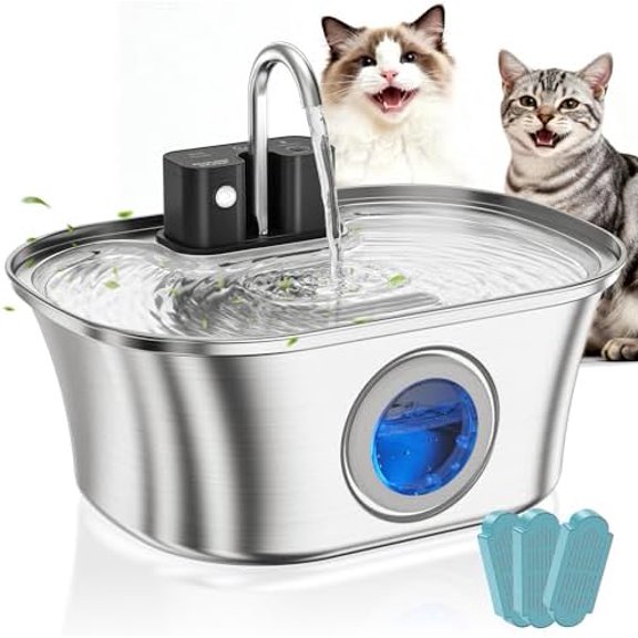 Cat Water Fountain Stainless Steel Cat Fountains for Drinking-108oz/3.2L Quiet Water Fountain for Cats Wireless Cat Water Fountain with Water Level Window for Cats&Dogs Indoor (3 Filter)