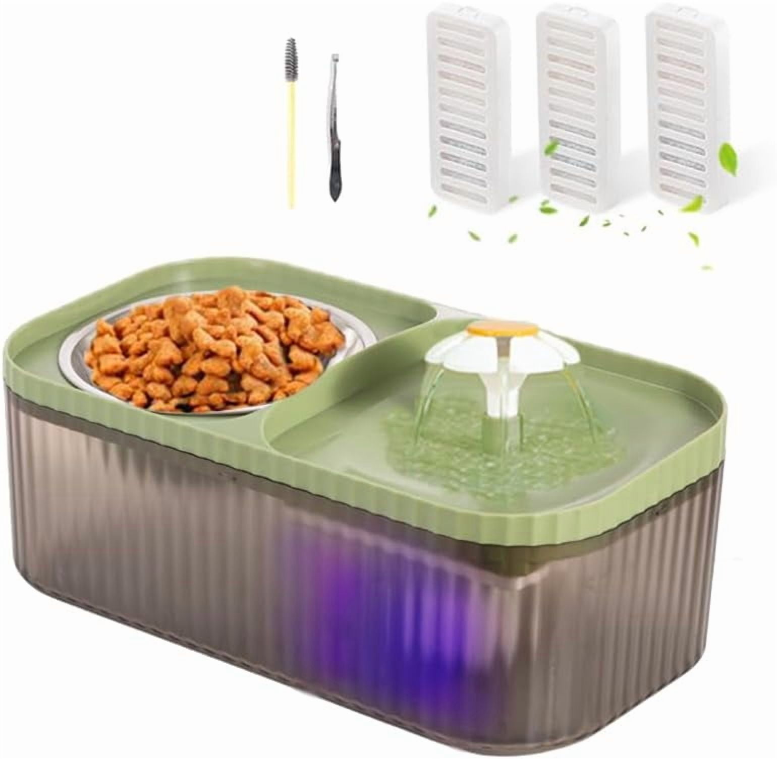 Cat Water Fountain and Stainless Steel Food Bowl, 100oz/3L Super Quiet Automatic Pet Water Dispenser with Smart Pump and 3 Replacement Filters for Cats and Small Dogs, Green