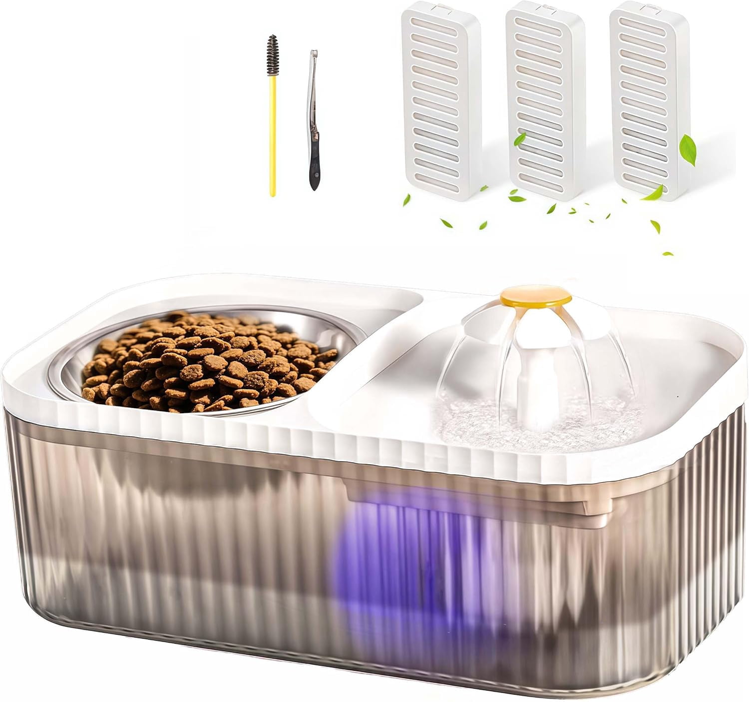 Cat Water Fountain and Stainless Steel Food Bowl, 100oz/3L Super Quiet Automatic Pet Water Dispenser with Smart Pump and 3 Replacement Filters for Cats and Small Dogs, White