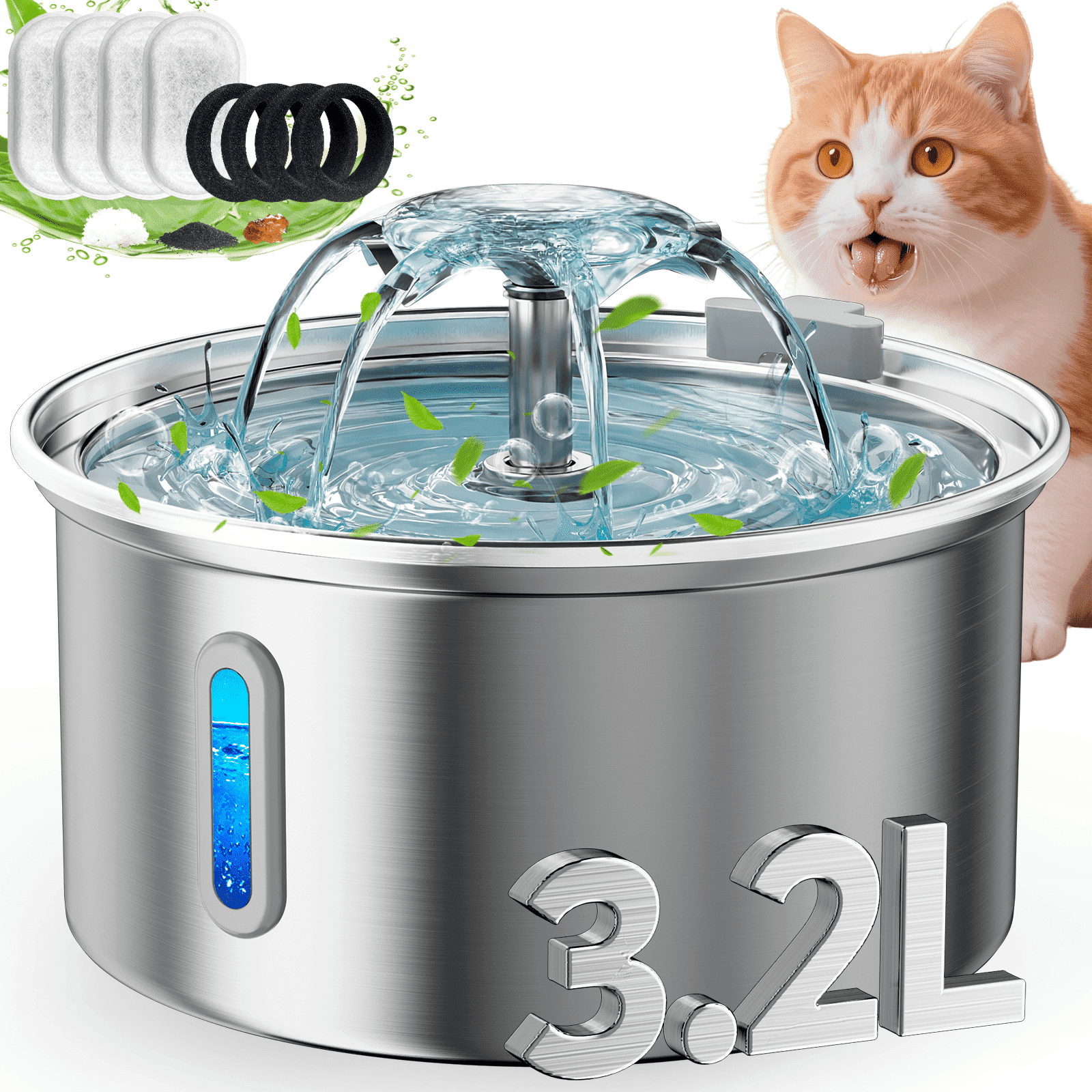Cat Water Fountain Stainless Steel, YUWENUS 108oz/3.2L Pet