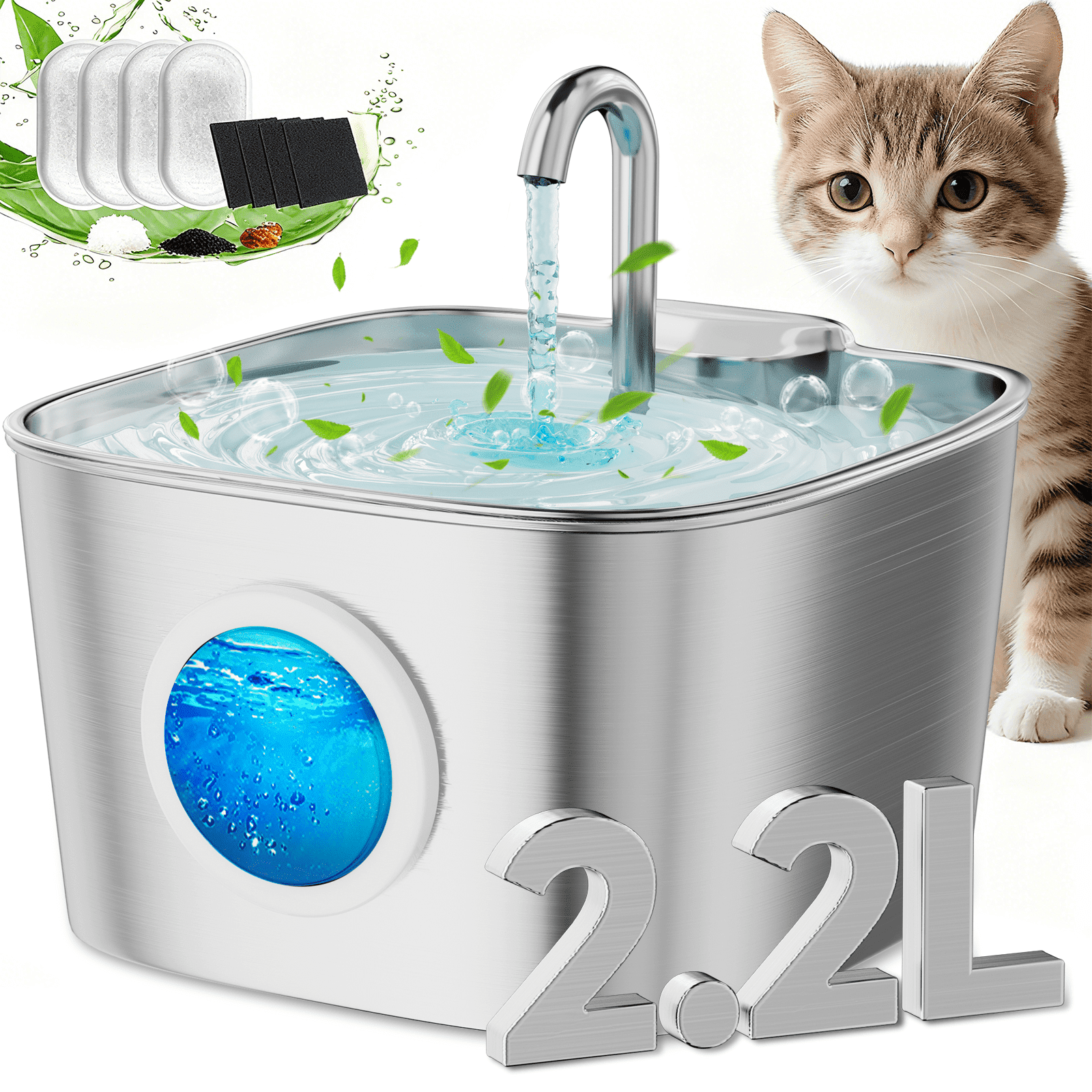 Cat Water Fountain Stainless Steel, Yuwenus 78oz/2.2L Pet Fountain with Water Level Window Automatic Water Dispenser with 4 Replacement Filters for